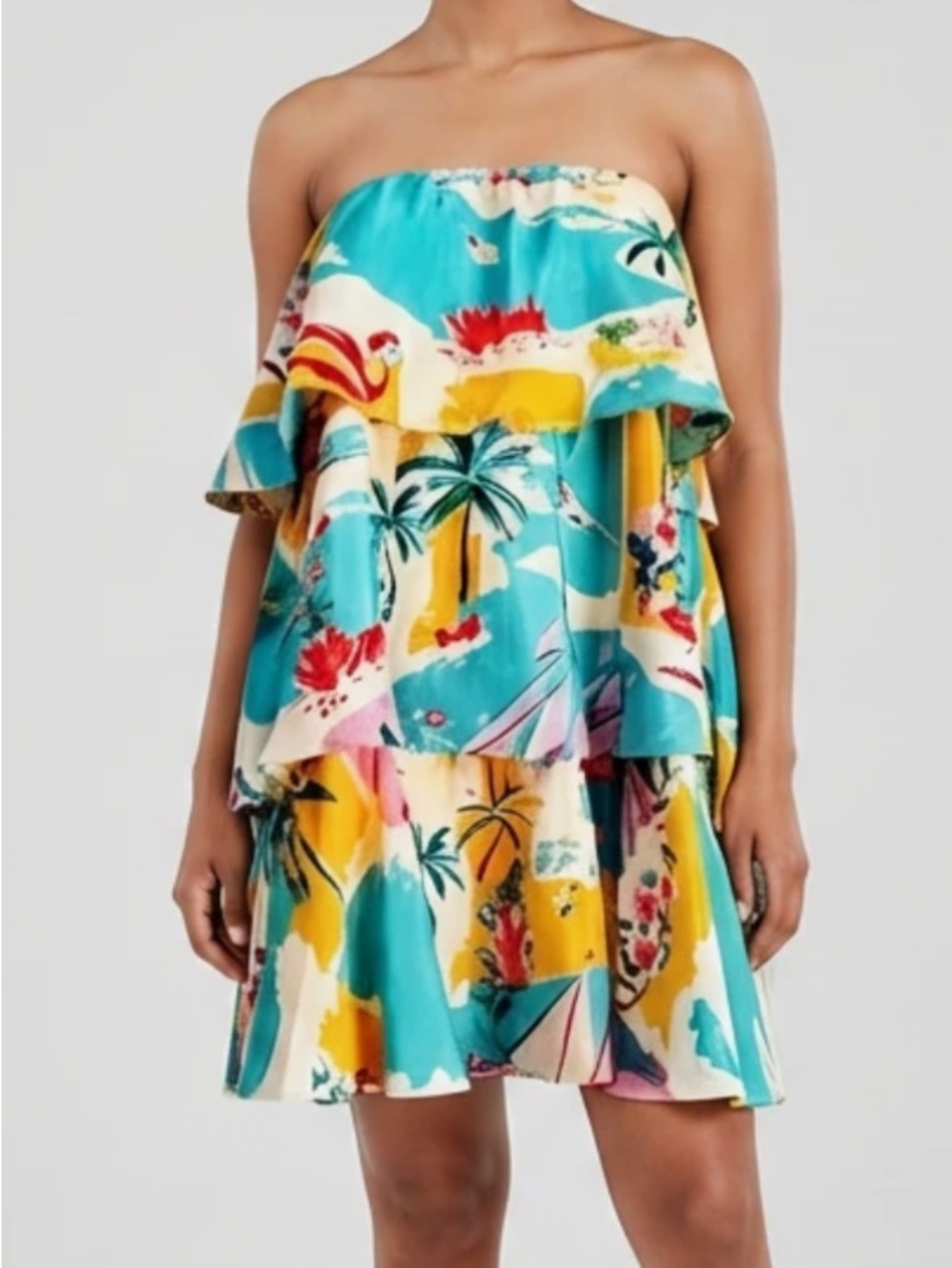 Tiered Tropical-Print Maxi Skirt/Mini Dress in Teal and Yellow - Picture 3 of 9